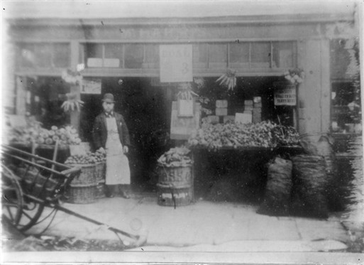Photo:View of a greengrocer's shop in Carlisle Street, now Penfold Street c.1889